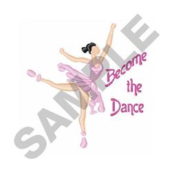 Cartoonish ballet dancer in pink tutu and shoes, performing dynamic pose with whimsical 'Become the Dance' text.