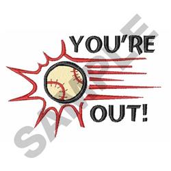 Playful baseball with stitching details, vibrant red explosion graphic, and 'YOU'RE OUT!' text, perfect for sports.