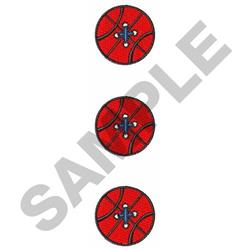 Applique basketball patches in a vibrant red, featuring black details and playful circular designs stacked by size.