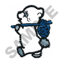 Playful bear cub with soft black outlines, holding a blue backpack, designed for children's items.