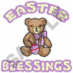 Playful bear holding a colorful Easter egg, with 'EASTER' above and 'BLESSINGS' below in soft pastel tones.