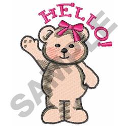 Cute bear waving with a pink bow on its head and cheerful expression, accompanied by 'HELLO!' text above.