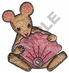 Cute bear design holding a pink shell in soft browns and light pink accents, perfect for children's items.