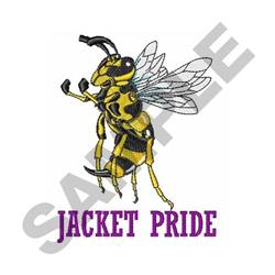 Cartoon bee in vibrant yellow and black with detailed wings and bold purple text 'JACKET PRIDE'.