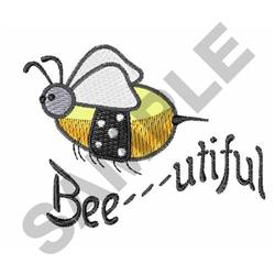 Playful bee with yellow and black stripes, white wing, and 'Bee-utiful' text, cheerful design for home decor.