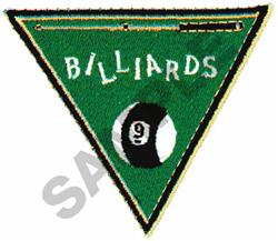Applique billiards patch with vibrant green background, white 'BILLIARDS' text, and detailed black and white 9 ball.