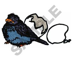Realistic bird with blue feathers and orange beak beside a cracked egg shell, perfect for nature-themed embroidery.
