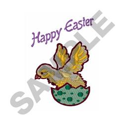 Colorful bird hatching from a speckled egg with wings outstretched, featuring 'Happy Easter' text, perfect for Easter.