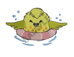 Cute cartoon bird with a green body floats in a pink pool float, surrounded by blue bubbles for a playful vibe.