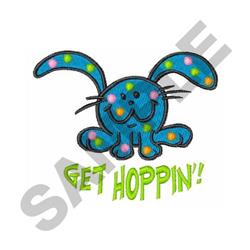 Playful blue bunny with oversized ears and colorful polka dots, with 'GET HOPPIN!' in bright green, perfect for Easter.