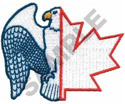 Bold blue eagle with stitched textures beside a red maple leaf on a white background.