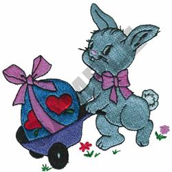 Colorful rabbit with pink bow pushing a decorated wheelbarrow filled with hearts and flowers for Easter.