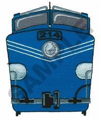 Cartoon blue train engine with a round emblem and detailed headlights, perfect for vibrant fabric applications.