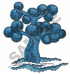 Whimsical blue tree with rounded foliage and muted trunk above soft cloud-like lines.