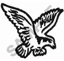 Bold eagle in flight with outstretched wings and detailed feathers, showcasing stylized wildlife art.