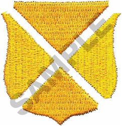Bold shield shape in bright yellow segments with jagged outlines, geometric and minimalistic for modern craft.