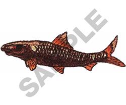 Realistic fish design with intricate scales, dark brown and orange hues, showcasing its fins and tail.