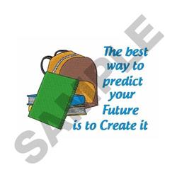 Brown backpack topped with a green notebook and colorful books, showcasing playful, inspirational design.