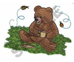 Playful brown bear seated on green grass, holding a mug with buzzing bees around, in a whimsical spring scene.