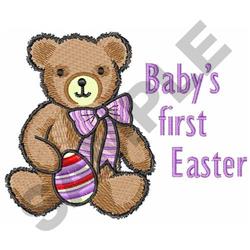 Playful brown teddy bear with purple bow holds a striped Easter egg, featuring 'Baby's first Easter' text.