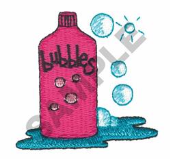 Playful pink bottle of bubbles with blue bubbles floating above it, set against a water puddle base.
