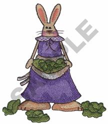 Cute bunny in a purple dress with pink ears, joyfully holding green cabbage in a whimsical spring scene.