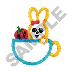 Playful bunny with yellow ears peeks from a blue cup with a red strawberry, perfect for Easter decor.