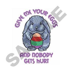 Playful bunny with fluffy grey fur holding a colorful striped egg, featuring humorous text for Easter decor.