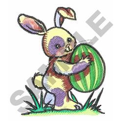 Playful bunny with soft pastel colors next to a vibrant Easter egg in green grass, perfect for Easter Applique.