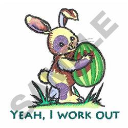 Playful bunny with pastel fur cheerfully holding a striped Easter egg, standing on green grass. Perfect for Easter.