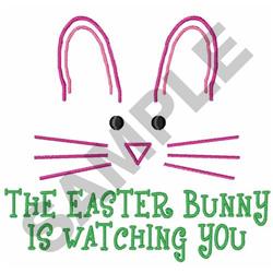 Playful bunny with pink ears and black eyes, featuring fun text for Easter celebrations.