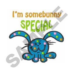 Colorful bunny with long ears and cheerful expression, adorned with polka dots and 'I'm somebunny SPECIAL' text for Easter.