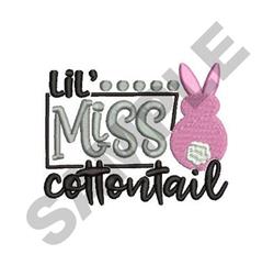 Pink bunny with big ears beside gray and black text 'Lil' Miss Cottontail' for a playful Easter theme.