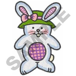 Playful bunny with a green hat and pink bow, featuring a blue body and purple belly. Perfect for Easter.
