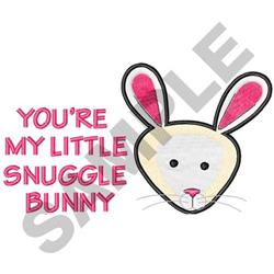 Playful bunny face with large ears and pink accents, featuring text 'YOU'RE MY LITTLE SNUGGLE BUNNY' for Easter.