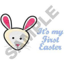 Cartoon bunny head with pink-tipped ears and friendly eyes, featuring 'It's my First Easter' text, perfect for a festive touc