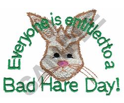 Playful bunny head with big ears and expressive eyes, featuring light brown fur and green text: 'Bad Hare Day!' for Easter de