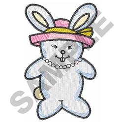 Playful cartoon bunny rabbit in a pink hat with yellow ribbon and pearl necklace, perfect for Easter.