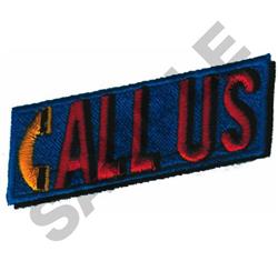 Embroidery text patch featuring 'CALL US' in red with yellow accents on a blue background, bold and colorful.