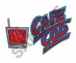 Cocktail drink with ice cubes in a stylized glass, vibrant 'Cape Cod' text, playful summer theme.