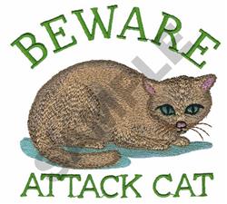 Realistic cat with light brown fur and green eyes, with playful 'BEWARE' and 'ATTACK CAT' text, features a humorous design.