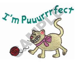 Playful cat with a cheerful expression pulling a vibrant red yarn ball, features 'I'm Puuurrrrfect' text.