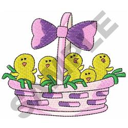 Colorful Easter basket with five cheerful yellow chicks, adorned with a purple bow and grass.
