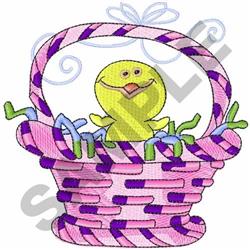 A cute chick in a pink basket with ribbons, filled with colorful grass, perfect for Easter celebrations.