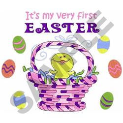 Playful chick peeking from a purple Easter basket, surrounded by colorful eggs, perfect for kids' first Easter.