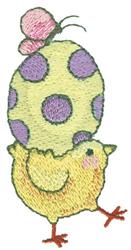 Colorful applique yellow chick balancing a purple polka-dotted egg at Easter, with a pink butterfly above.