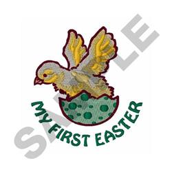 Whimsical yellow bird chick in mid-flight from a green polka-dotted egg, celebrating Easter with 'My First Easter' text.
