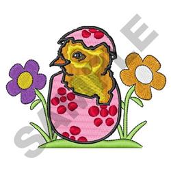 Applique chick emerging from a pink egg with red polka dots, surrounded by vibrant purple and yellow flowers for Easter.
