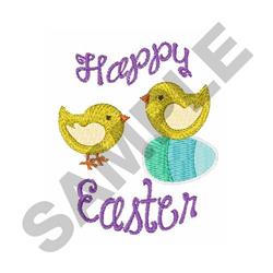 Playful chicks above a blue Easter egg with purple text 'Happy Easter', perfect for festive spring decor.