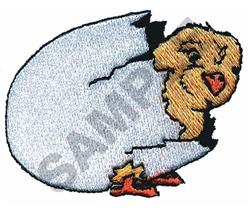Cute chick peeking from a cracked eggshell, featuring bright yellow feathers and orange feet. Perfect for Easter.